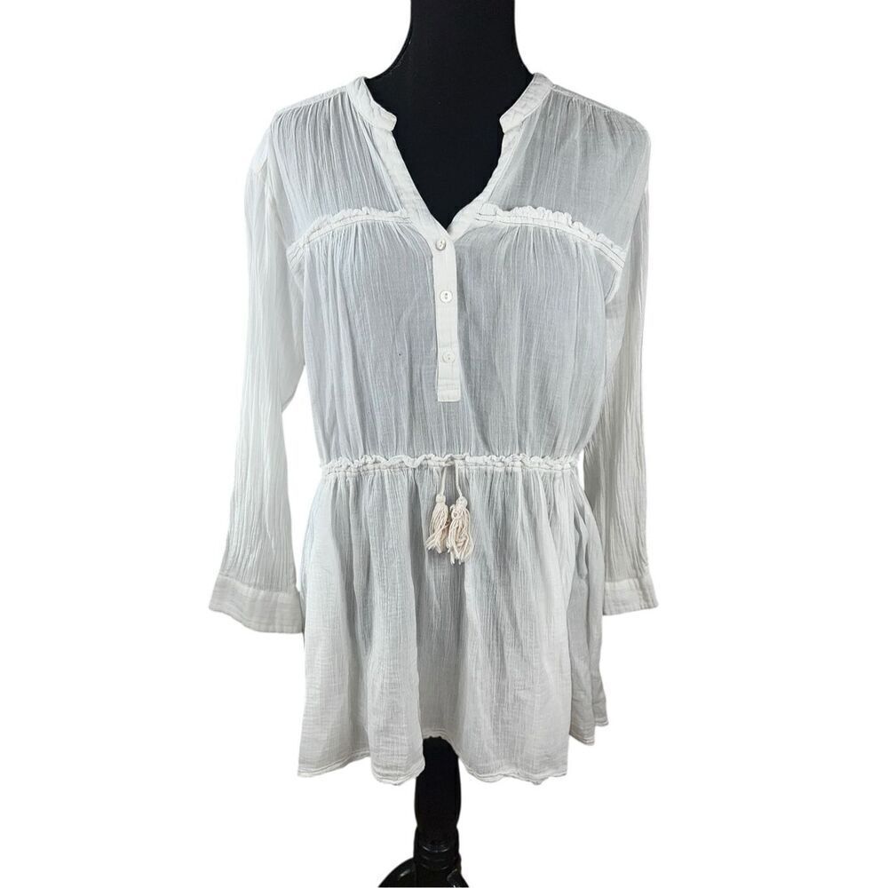Sundance Womens XS Tunic Top White 3/4 Sleeve Tiered HighLow Oversized Boho